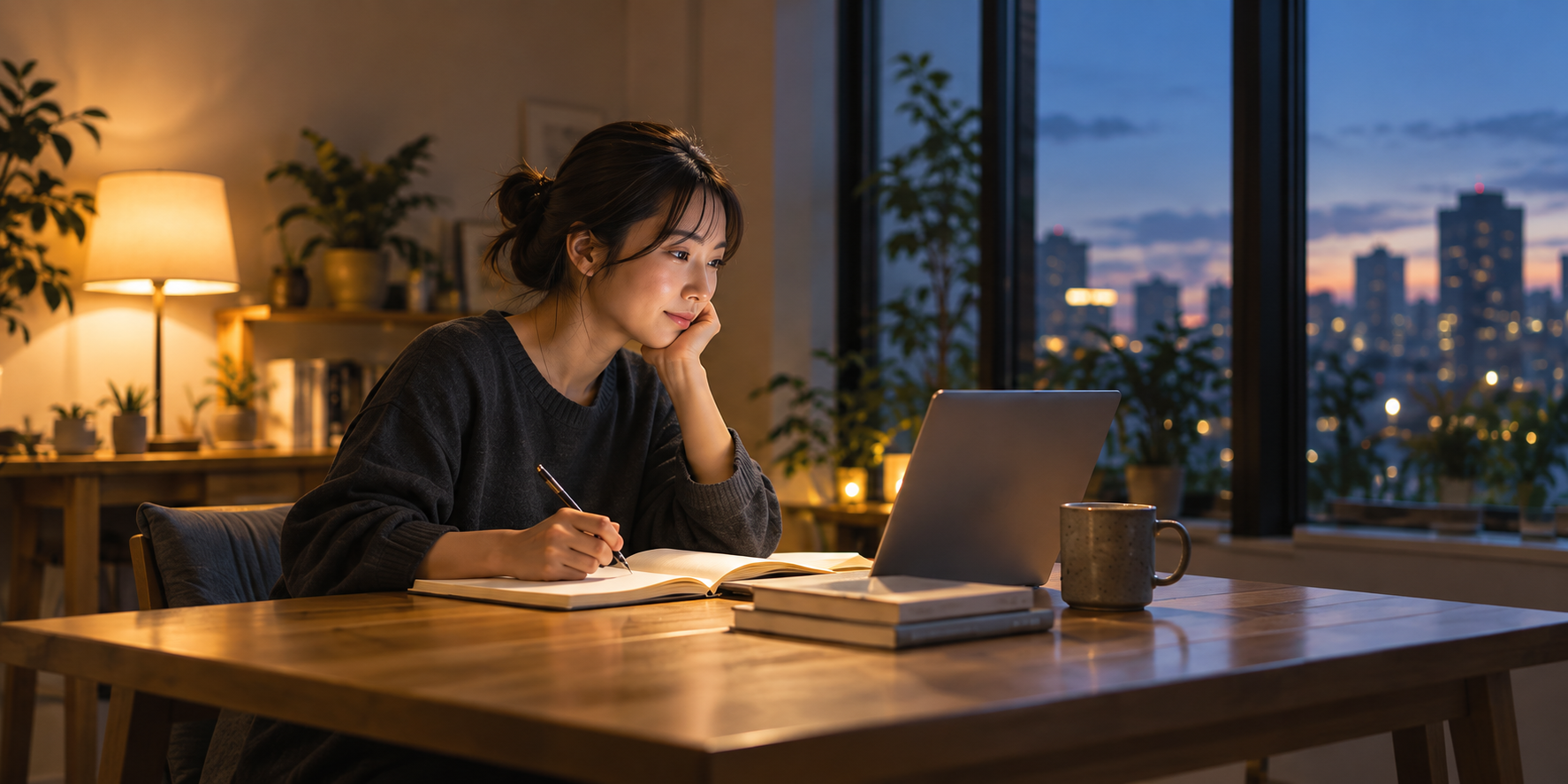 夜に机で学ぶ人