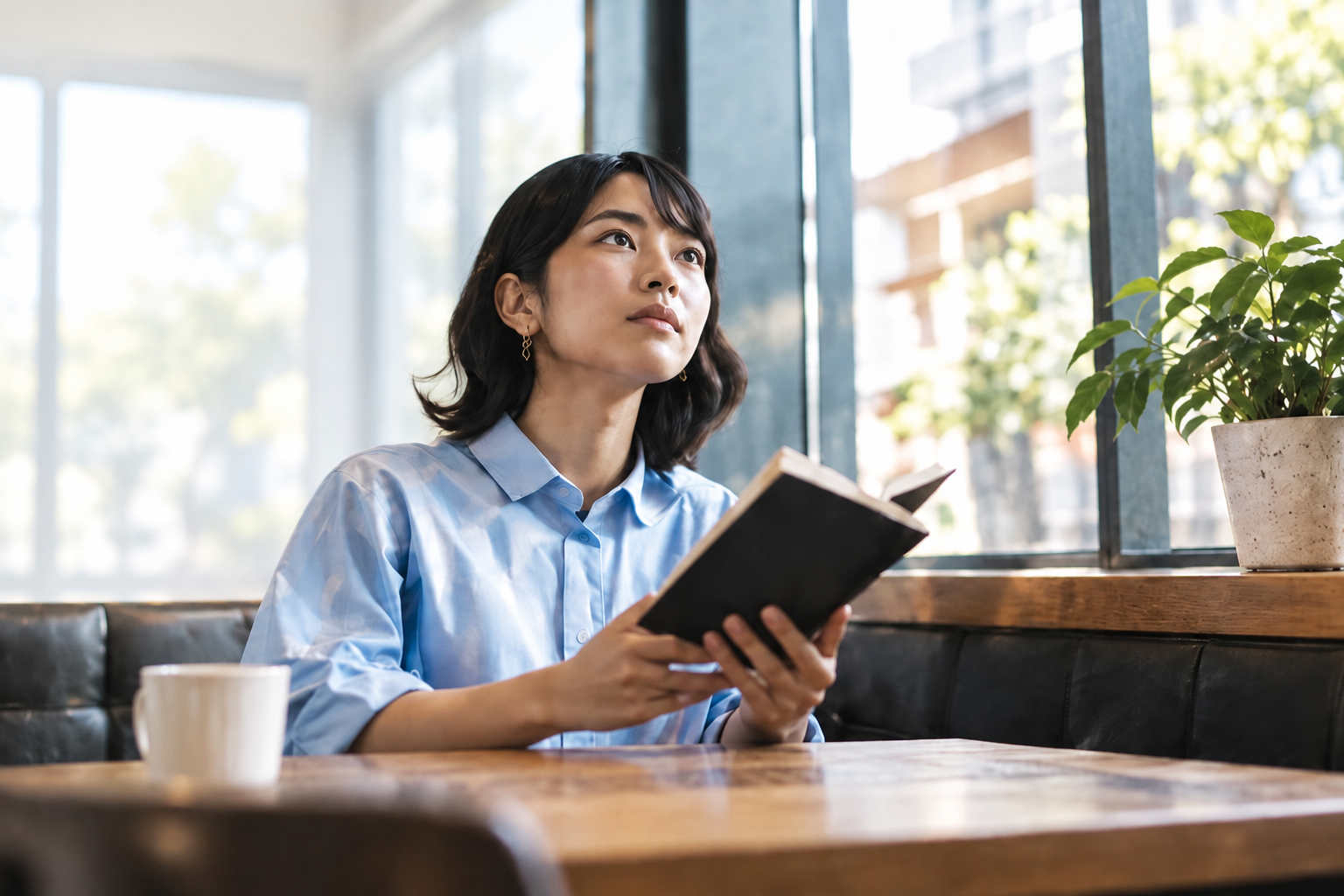 本を手に学ぶ女性