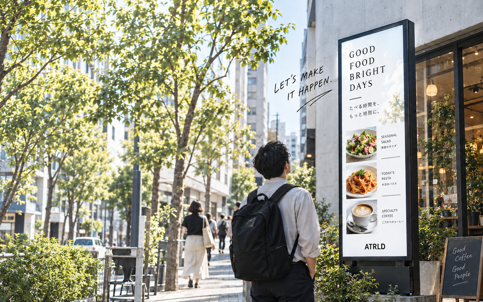 街路の店舗前に設置されたメニューサイネージ